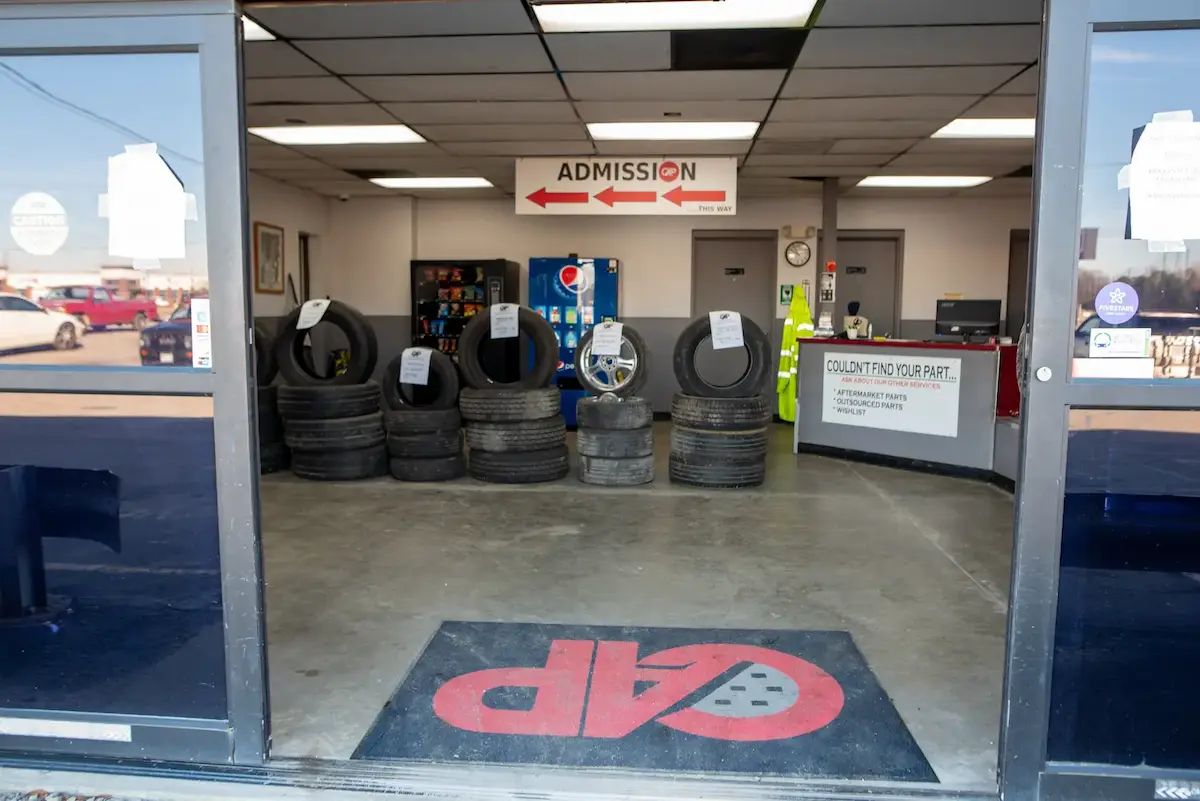Looking inside the lobby of the Chesterfield Auto Parts building